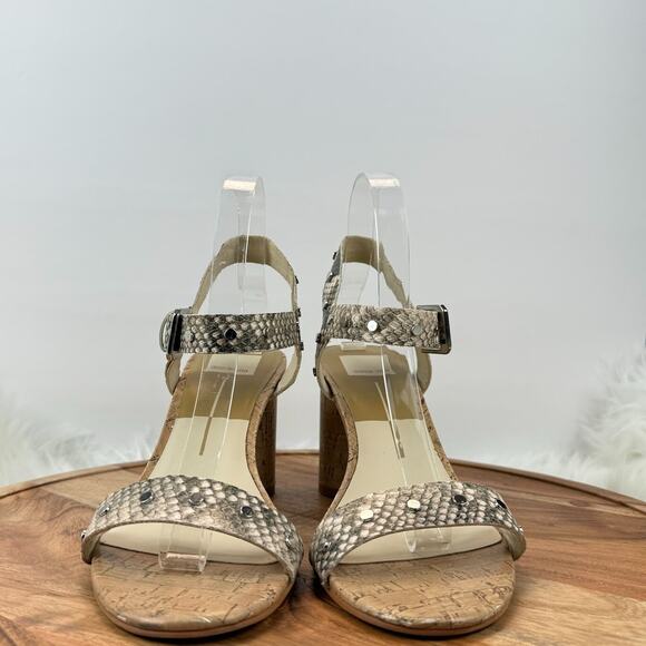 Dolce Vita Wmns Size 9M Jalina Grey Beige Snake Print Cork Heel Sandals Studded - Picture 3 of 16